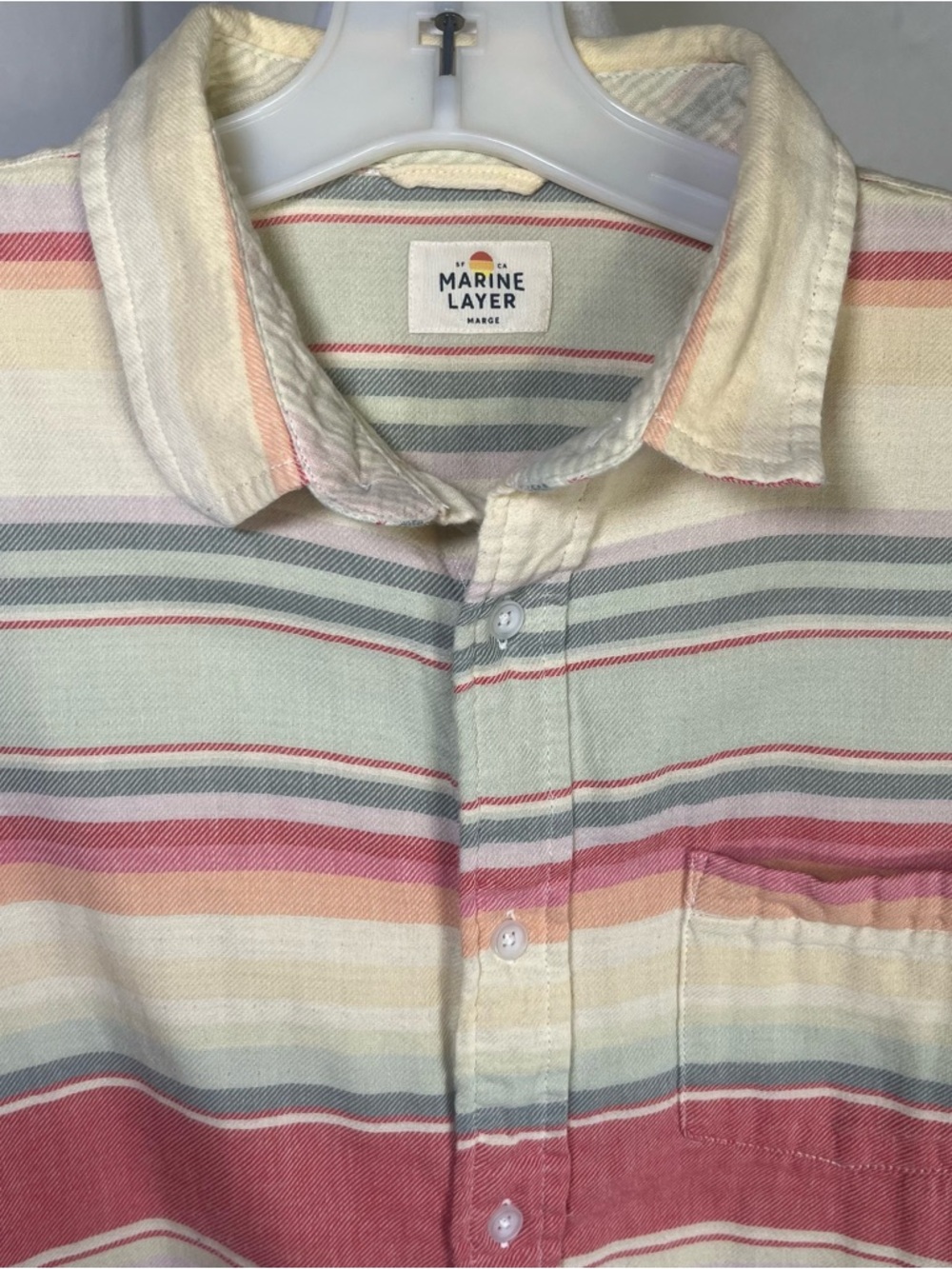 Marine Layer Men’s Striped Short-Sleeve Selvage Button-Up Shirt Faded Rainbow M‎